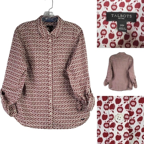 Talbots Button Down Shirt Novelty Print Apple Size 14 P Teacher Cotton LS - Picture 1 of 11